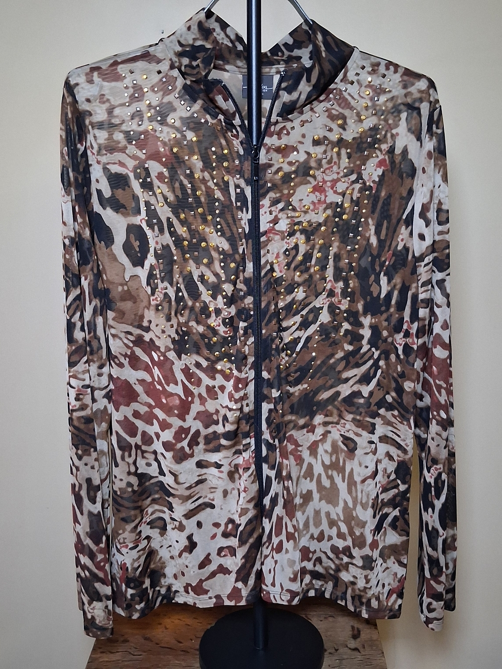 Chico's Travelers Leopard Print Sheer Studded Black Gold Zip Up Jacket; Size 2